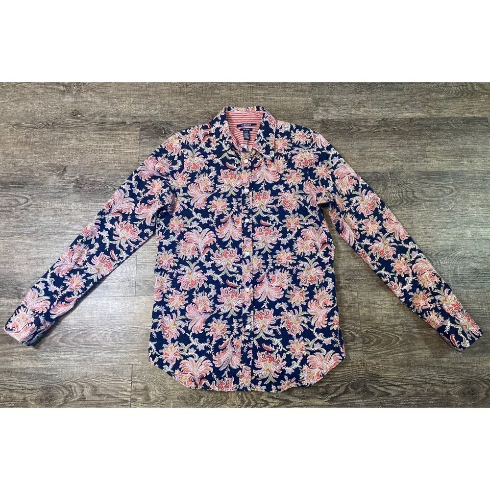 CHAPS Women’s Button Up Blouse Top Floral Paisley Long Sleeve No Iron Blue Sz S